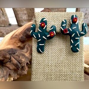 Green Flower Cactus Polymer Clay Stud Earrings New!